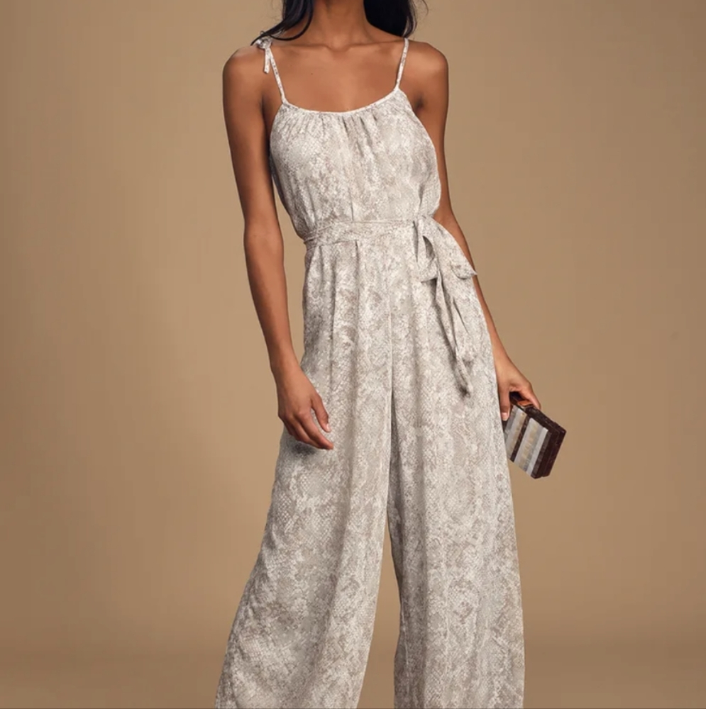 Dare to Dream Grey Snake Print Tie-Strap Wide-Leg Jumpsuit Lulu's size S